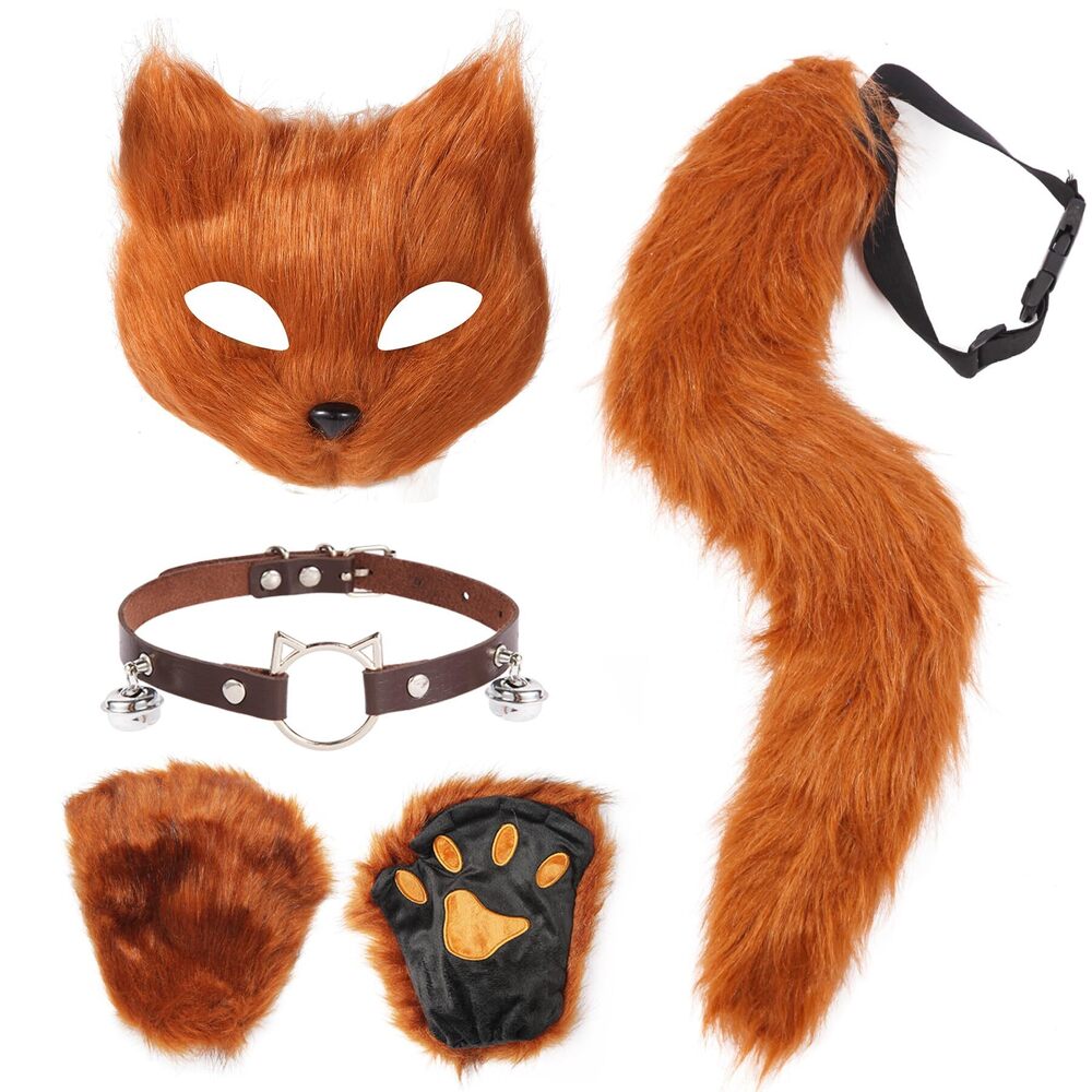 5494 4 Pcs Faux Fur Therian Mask And Tail Set For Halloween